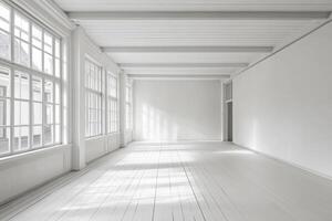 Bright Empty White Room with Sunlight Streaming Through Large Windows photo
