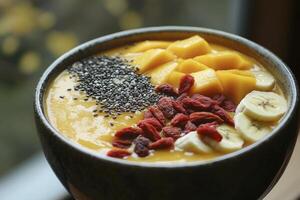 Mango Smoothie Bowl Topped with Banana, Goji Berries and Chia Seeds photo
