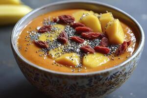 Enjoying Healthy Mango Smoothie Bowl Topped with Goji Berries and Seeds photo