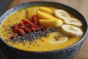 Enjoying Mango Smoothie Bowl with Banana Goji Berries and Chia Seeds photo