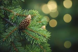 Pine Cone on Evergreen Branch with Festive Bokeh Lights Background photo
