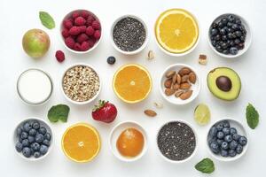 Healthy Food Assortment in Bowls Overhead View for Wellness and Diet photo