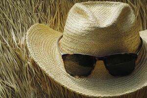 Straw Hat with Sunglasses Resting on Dried Grass for Summer Vacation photo
