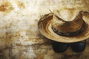 Straw Hat and Sunglasses on Rustic Wooden Table Background Vacation Concept photo
