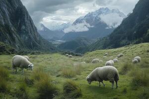 Sheep Grazing in a Mountain Valley with Snow-capped Peaks and Cloudy Sky photo