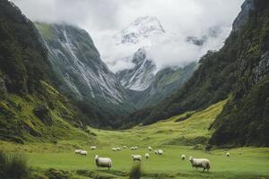 Sheep Grazing in Mountain Valley with Snow-capped Peak Under Cloudy Sky photo