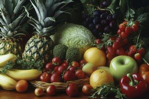 Assorted Fresh Fruits and Vegetables Still Life Arrangement on Table photo