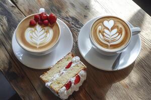 Coffee with Latte Art and Strawberry Cake on Rustic Wooden Table photo