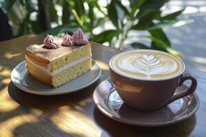 Enjoying Cake and Latte with Beautiful Latte Art in Cafe photo