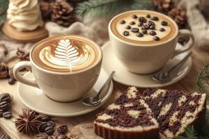 Two Latte Cups and Marble Cake on Wooden Table Setting photo