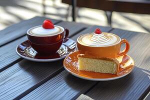 Enjoying Latte and Cake Latte Art with Raspberry on Wooden Table photo