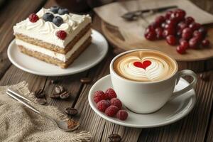 Enjoying Cappuccino with Heart Latte Art and Delicious Cake with Berries photo