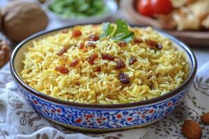 Serving of Rice Pilaf with Raisins and Garnish for Healthy Meal photo