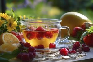 Enjoying Raspberry Tea in a Glass Cup with Fruit on Table photo