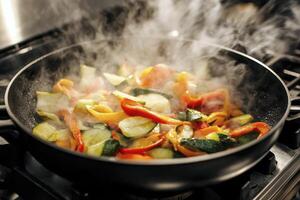 Stir Frying Fresh Vegetables in Pan on Stove with Rising Steam photo