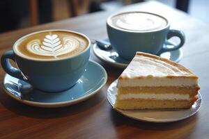Enjoying Coffee Latte Art with Delicious Cake in a Cafe Setting photo