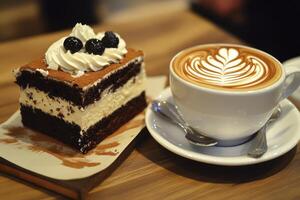 Enjoying a Slice of Chocolate Cake and Latte with Latte Art photo
