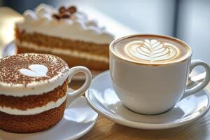 Enjoying Coffee Latte and Delicious Cake Slice in Cafe Setting photo
