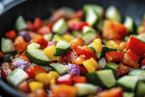 Cooking Colorful Vegetable Stir-fry Featuring Zucchini Peppers and Onions photo