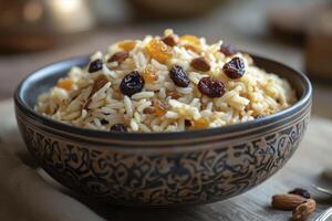 Rice with Raisins and Almonds in a Bowl Close-up View photo