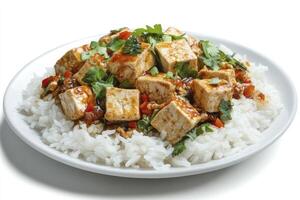 Serving Tofu and Rice Dish with Vegetables and Sauce on White Plate photo