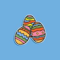 An artistic and vibrant illustration featuring three decorated Easter eggs with bright patterns, designed in a whimsical hand drawn style against a blue background, symbolizing joy and celebration. vector