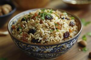 A bowl of rice with raisins and nuts photo