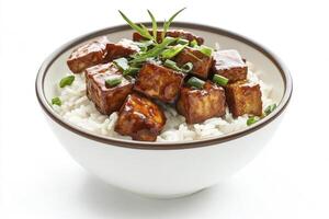 Serving Teriyaki Tofu Over Rice with Fresh Garnish in a Bowl photo