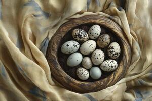 Quail Eggs Nest in Wooden Bowl with Neutral Colored Fabric Drape photo
