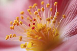 Macro Shot of a Pink Flower with Yellow Stamens and Red Anthers photo