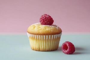 Cupcake with Raspberry and Powdered Sugar on Pastel Background photo