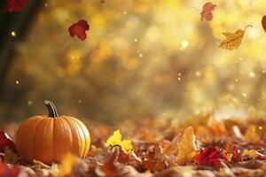 Pumpkin in Autumn Leaves with Falling Leaves and Bokeh Background photo