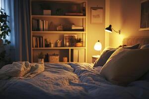 Cozy Bedroom Interior with Bed and Bookshelf Creating a Warm Ambience photo