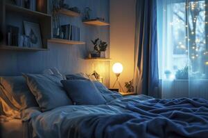 Cozy Bedroom Interior with Soft Lighting Creating a Calming Atmosphere photo