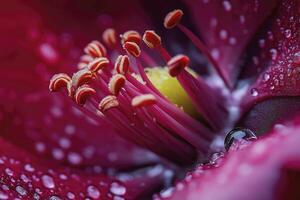 A close up of a red flower with water droplets photo