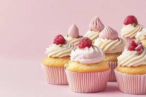 Delicious Cupcakes with Frosting and Raspberry Topping on Pink Background photo