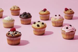 Assorted Cupcakes Displayed on Pink Background with Various Toppings and Frostings photo