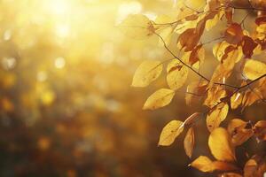 Golden Autumn Leaves on Branch with Soft Sunlight and Bokeh Background photo