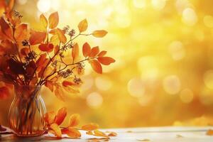 Arranging Autumn Leaves in Vase with Sunlight and Bokeh Background photo