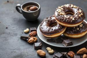 Delicious Chocolate Glazed Donuts Stacked with Nuts and Coffee photo