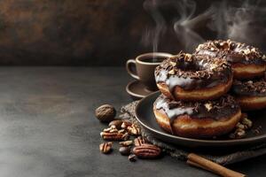 Stacked Chocolate Donuts with Coffee and Nuts on Dark Background photo