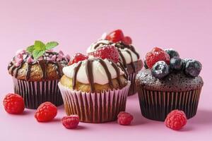Delicious Cupcakes Topped with Berries and Chocolate Drizzle on Pink Background photo