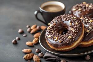 Enjoying Chocolate Donuts with Coffee and Almonds on Dark Background photo