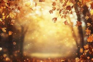 Autumn Leaves Falling in Forest with Golden Bokeh Light Background photo
