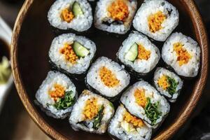 Serving of Fresh Sushi Rolls with Vegetables in Wooden Bowl photo