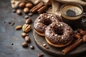 Enjoying Chocolate Donuts and Coffee with Cinnamon Sticks and Assorted Nuts photo