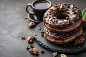 Chocolate Donuts Stack with Coffee Cup and Pecans on Dark Background photo