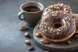 Enjoying Chocolate Donuts with Coffee and Pecans on Wooden Board photo