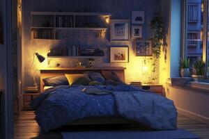 Cozy Bedroom Interior at Night with Soft Lighting and Relaxing Atmosphere photo