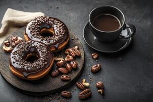 Delicious Chocolate Donuts with Pecans and Coffee on Dark Background photo